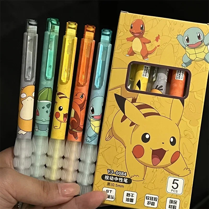 5pcs Pokemon Pen Set Pikachu Squirtle Charmander, Press Gel Pen Cute Anime School Office Supplies Stationery Gift for Kids